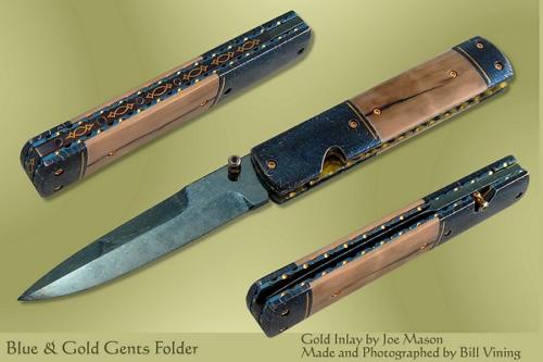 Gents folder with Blued Damascus, Mammoth Ivory, Gold Inlay by Joe Mason with Blue Sapphires